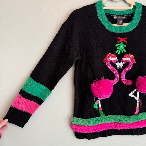 United States Sweaters Women PS Petite Black Flamingos Ugly Christmas Holidays - Picture 4 of 6
